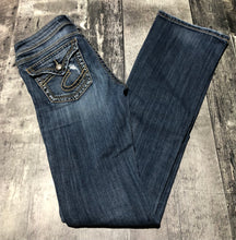 Load image into Gallery viewer, Silver blue low rise ripped flare jeans - Hers size 26
