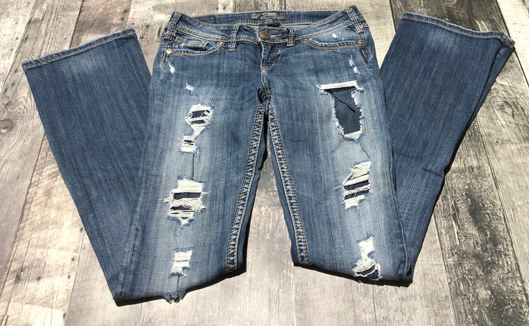 Silver blue low rise ripped flare jeans - Hers size 26