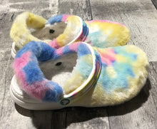 Load image into Gallery viewer, Crocs multi colour fuzzy slip on shoe - Hers size W8
