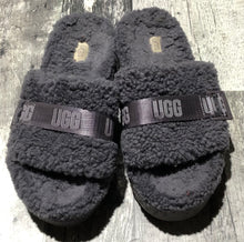 Load image into Gallery viewer, UGG grey purple fuzzy slip on sandals
