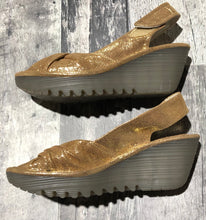 Load image into Gallery viewer, Fly London gold wedge sandal - Hers size 36
