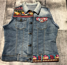 Load image into Gallery viewer, Desigual blue/red/multi denim vest - Hers size Eur 44 (approx size L)

