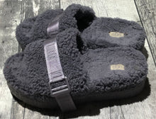 Load image into Gallery viewer, UGG grey purple fuzzy slip on sandals
