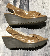 Load image into Gallery viewer, Fly London gold wedge sandal - Hers size 36
