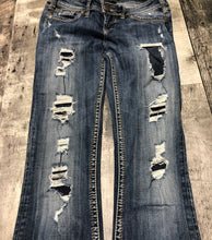 Load image into Gallery viewer, Silver blue low rise ripped flare jeans - Hers size 26
